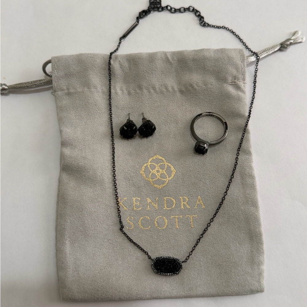 Kendra Scott Black Drusy 3 piece set with necklace, earrings, and ring